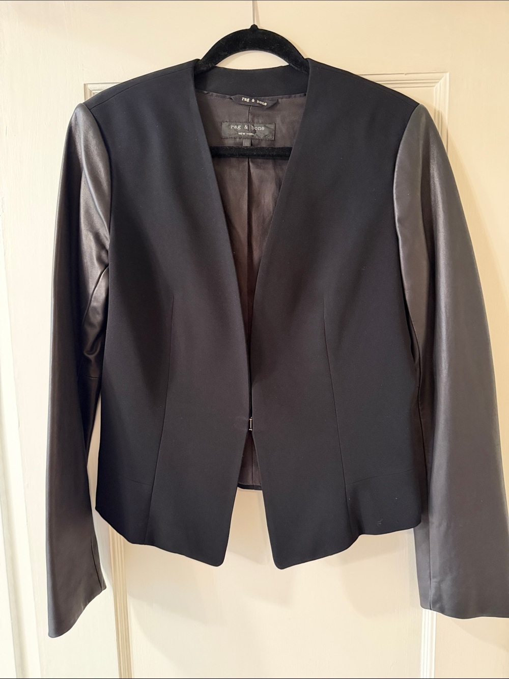 rag & bone Black Mixed-Media Blazer with Leather Sleeves